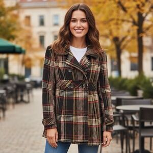 Boston Proper Plaid Wool Blend Peacoat Jacket Women's Small Brown Tweed Pockets